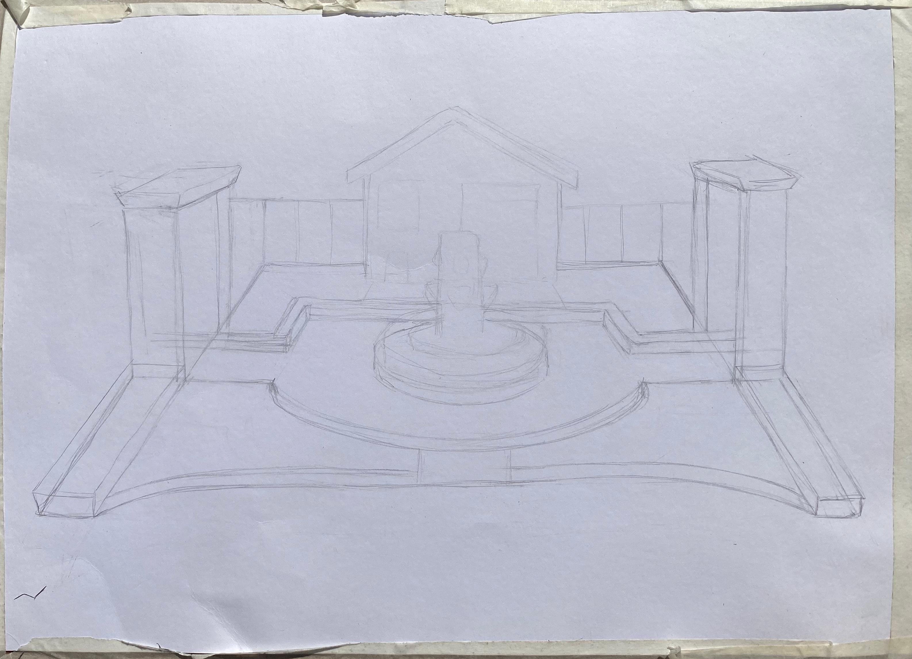 Suffolk Garden Watercolour and Pen - pencil sketch