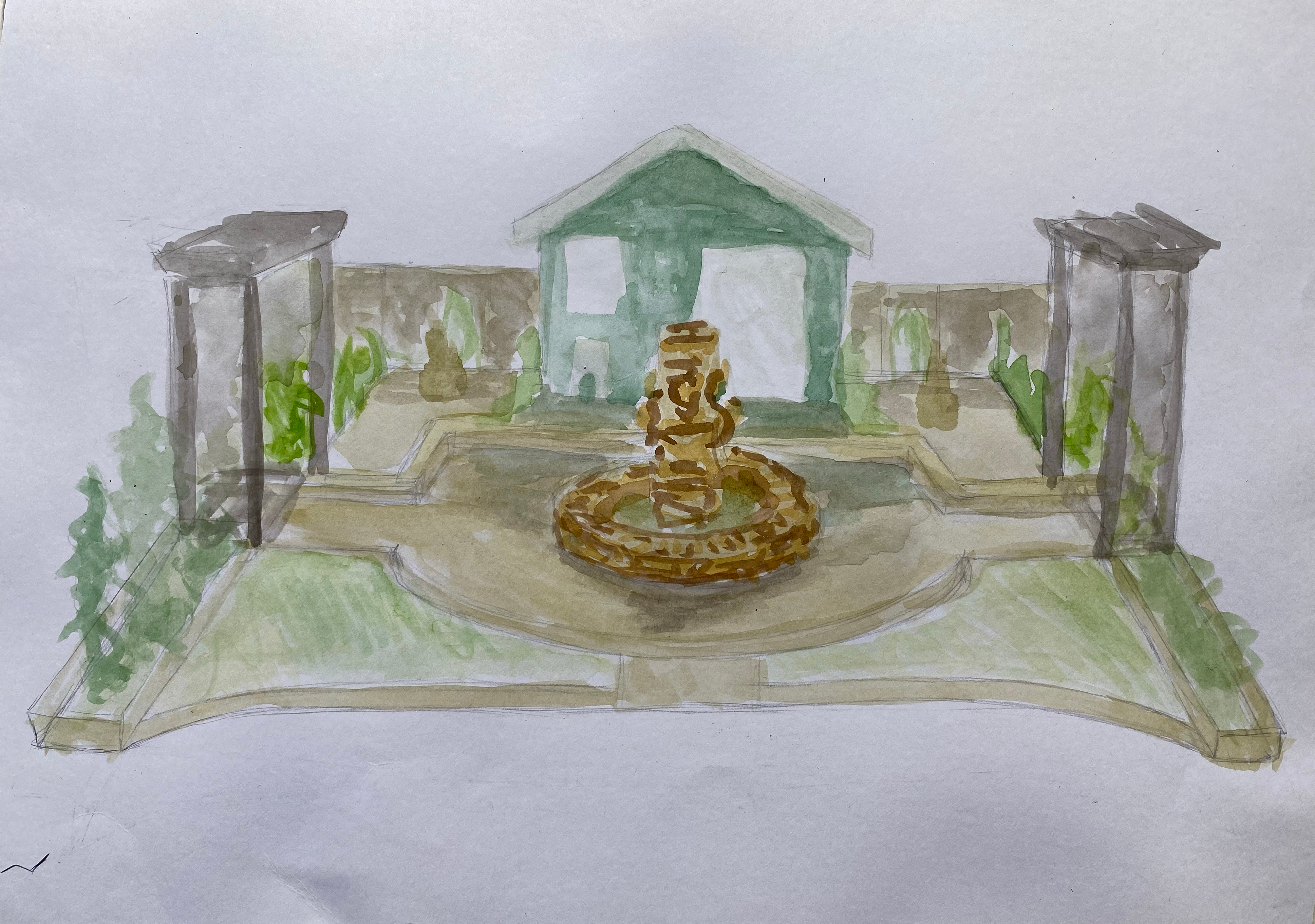 watercolour and pen Suffolk garden first watercolour wash