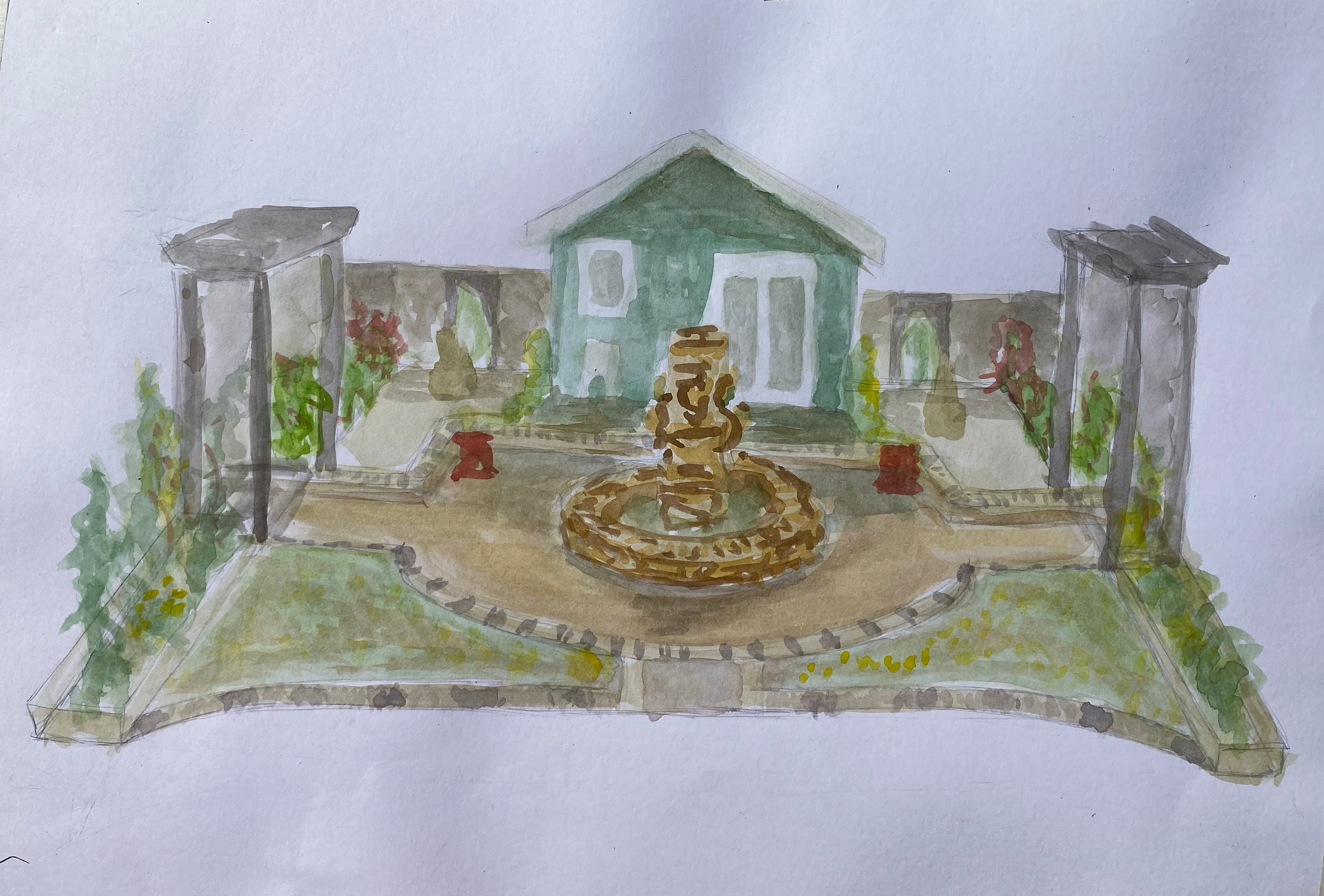 watercolour and pen suffolk garden second watercolour wash