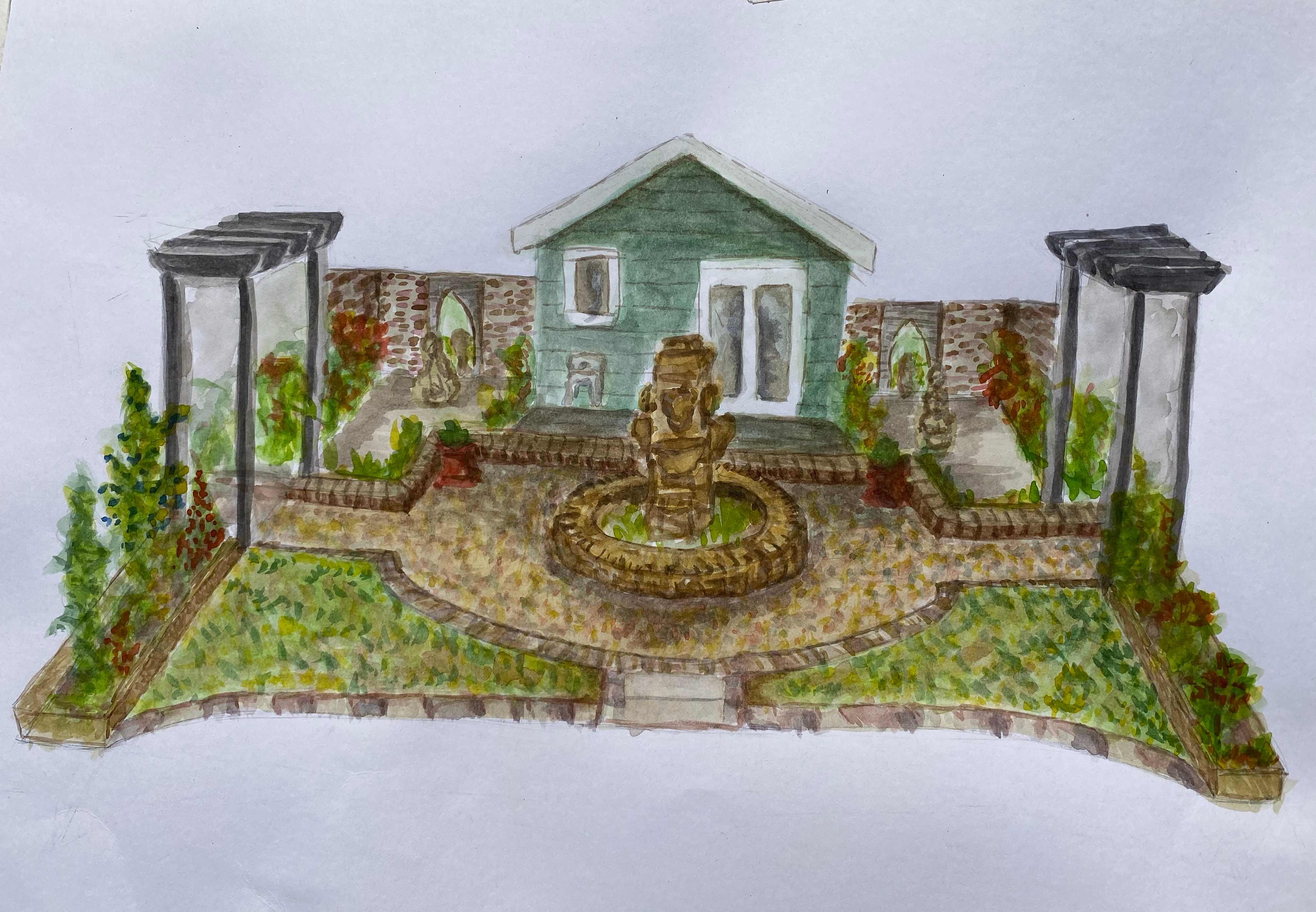 watercolour and pen garden in Suffolk - watercolour before