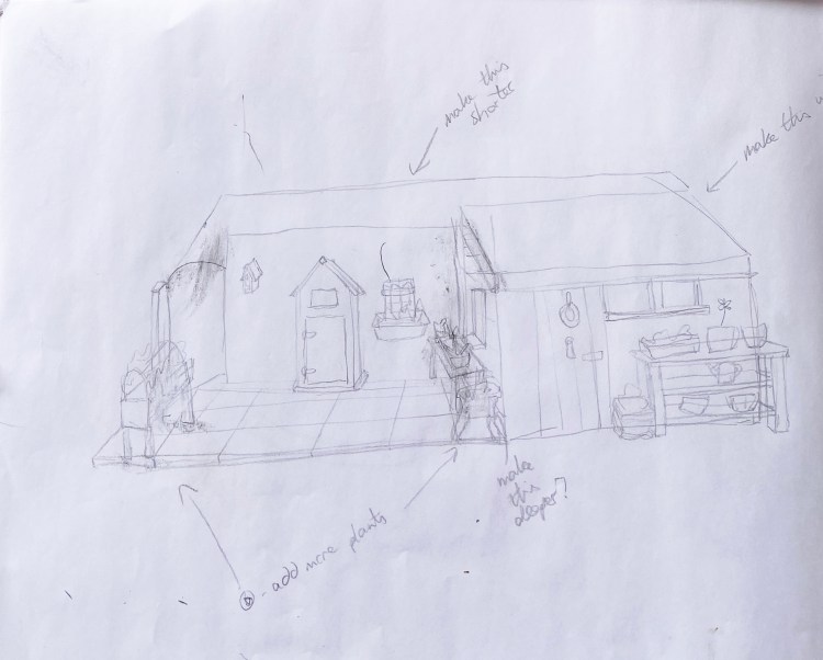 Watercolour and pen suffolk garden - pencil sketch first draft